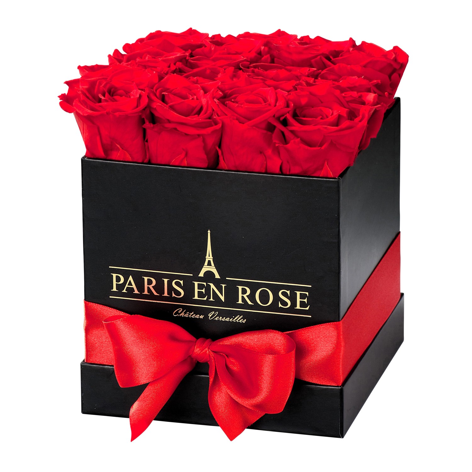 Rosenbox eckig Schwarz mit Schleife und 12 Roten Rosen