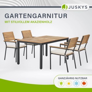 5-teilige Juskys Gartengarnitur aus Akazienholz mit Tisch und 4 Stühlen mit creme farbigen Auflagen.