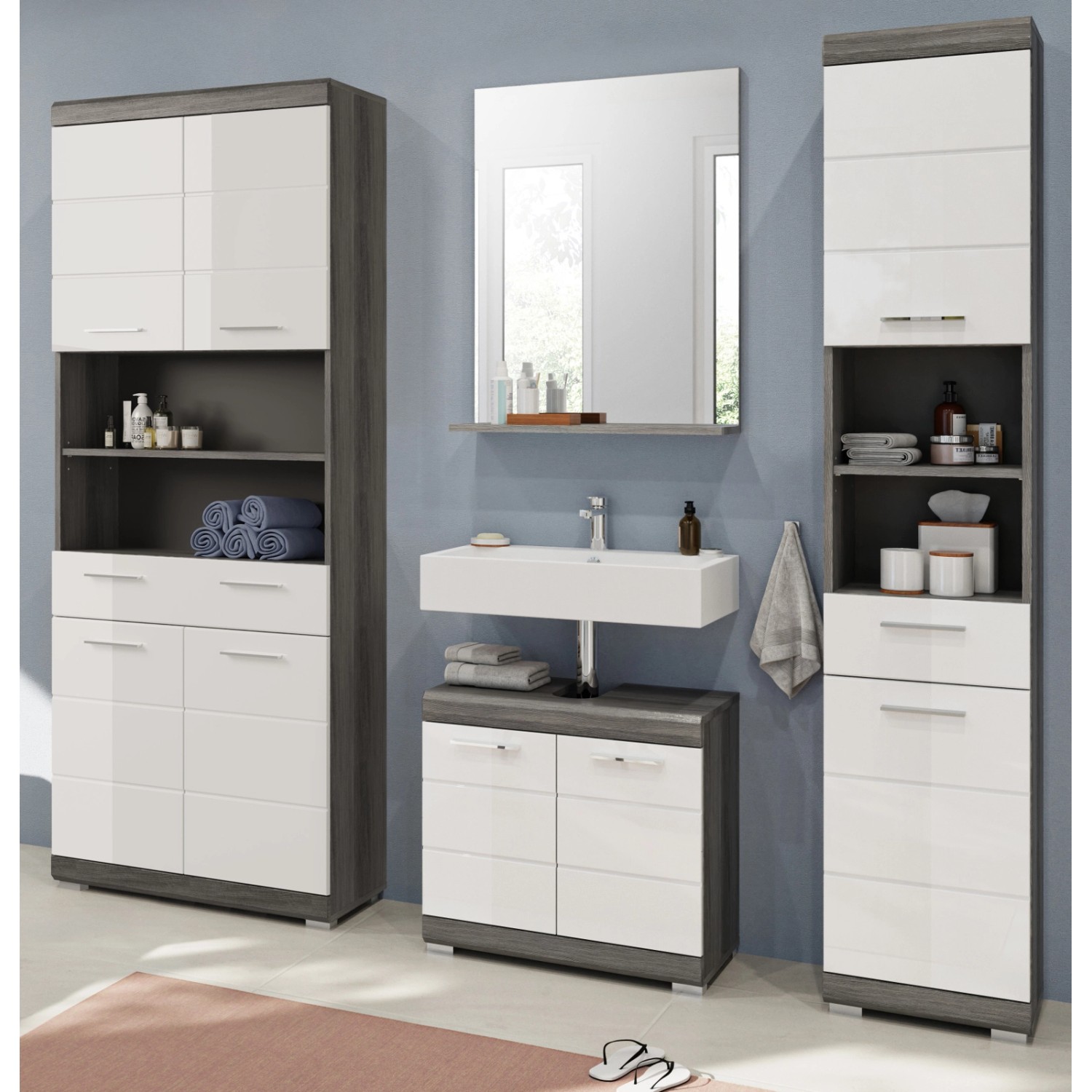 Inn.Furn Badmöbel-Set Weiß Hochglanz Grau 4-teilig 186 cm 14 Fächer Shawn günstig online kaufen