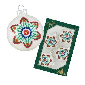 Krebs Glas Lauscha Weihnachtskugeln, 4er-Set, weiße Kugeln mit Blumenmuster.