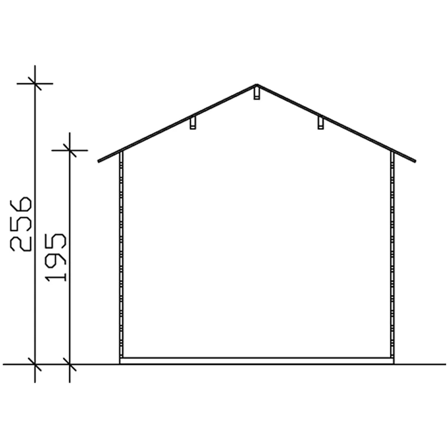 Skan Holz Gartenhaus Porto 2: Schemazeichnung mit Maßen (256 cm Höhe, 195 cm Wandhöhe).