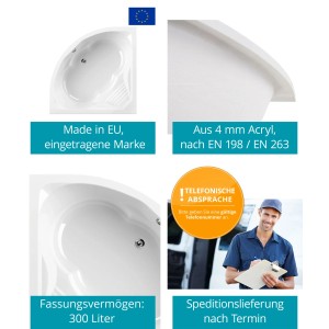 Eckbadewanne Curved Wellness 150x150 cm, weiße Acryl Sitzbadewanne für 2 Personen.