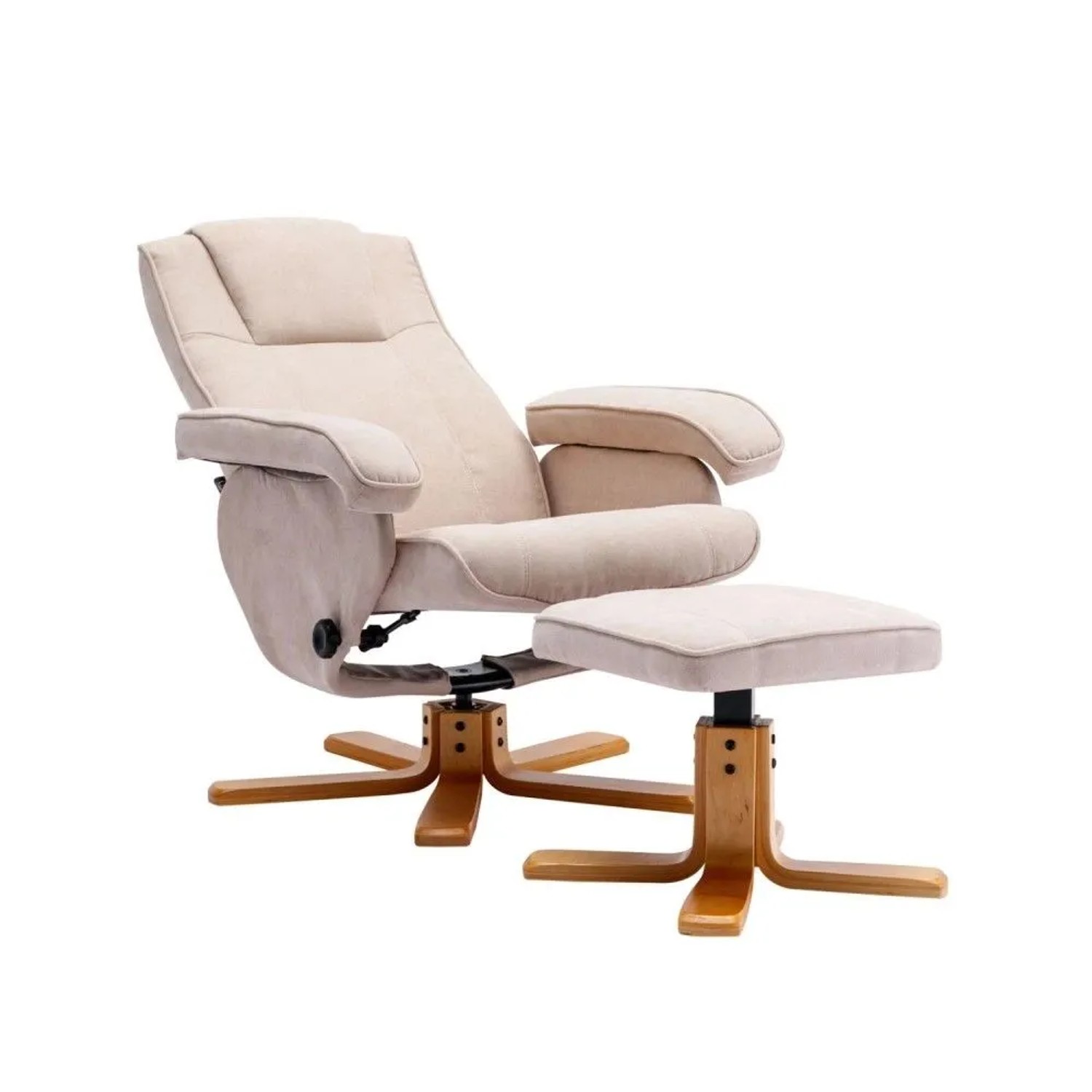 Beiger Relaxsessel Svita Charles mit Hocker, Holzfüßen und Liegefunktion. Gemütlicher Drehsessel aus Polyester.