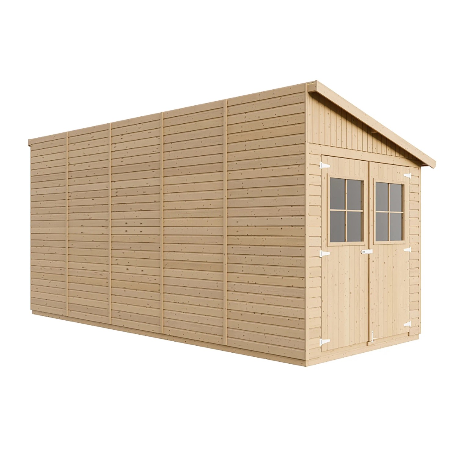 Timbela Anbau-Gartenhaus aus Holz, 10 m² mit Doppeltür und Fenster.