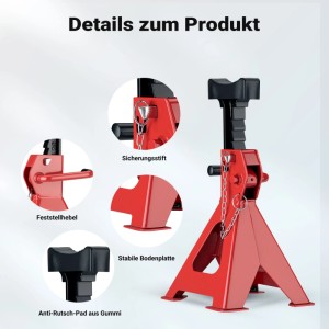 Roter Wiltec Unterstellbock, höhenverstellbar, mit schwarzem Gummipad, Sicherungsstift und stabiler Basis für Autoreparatur.