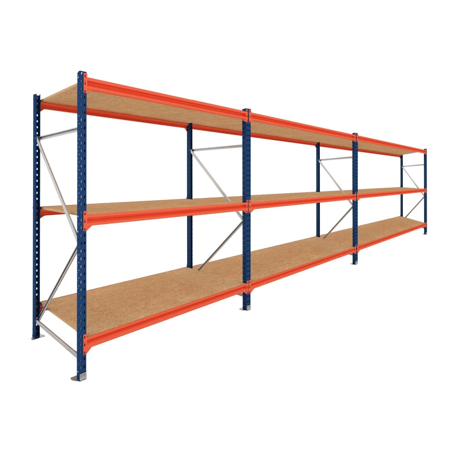 PROREGAL Weitspannregal Schwerlastregal DOMINUS Komplettregal 3 Felder 200x585x40cm 3 Ebenen Spanplatten-Fachboden Fachlast 350 kg Blau/Orange