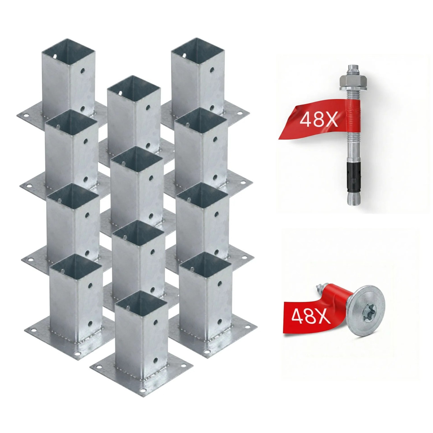 HOLLMAX 12 Stk. Aufschraubhülse/Pfostenträger 71 mm Komplettset Verzinkt Silber für Vierkantpfosten