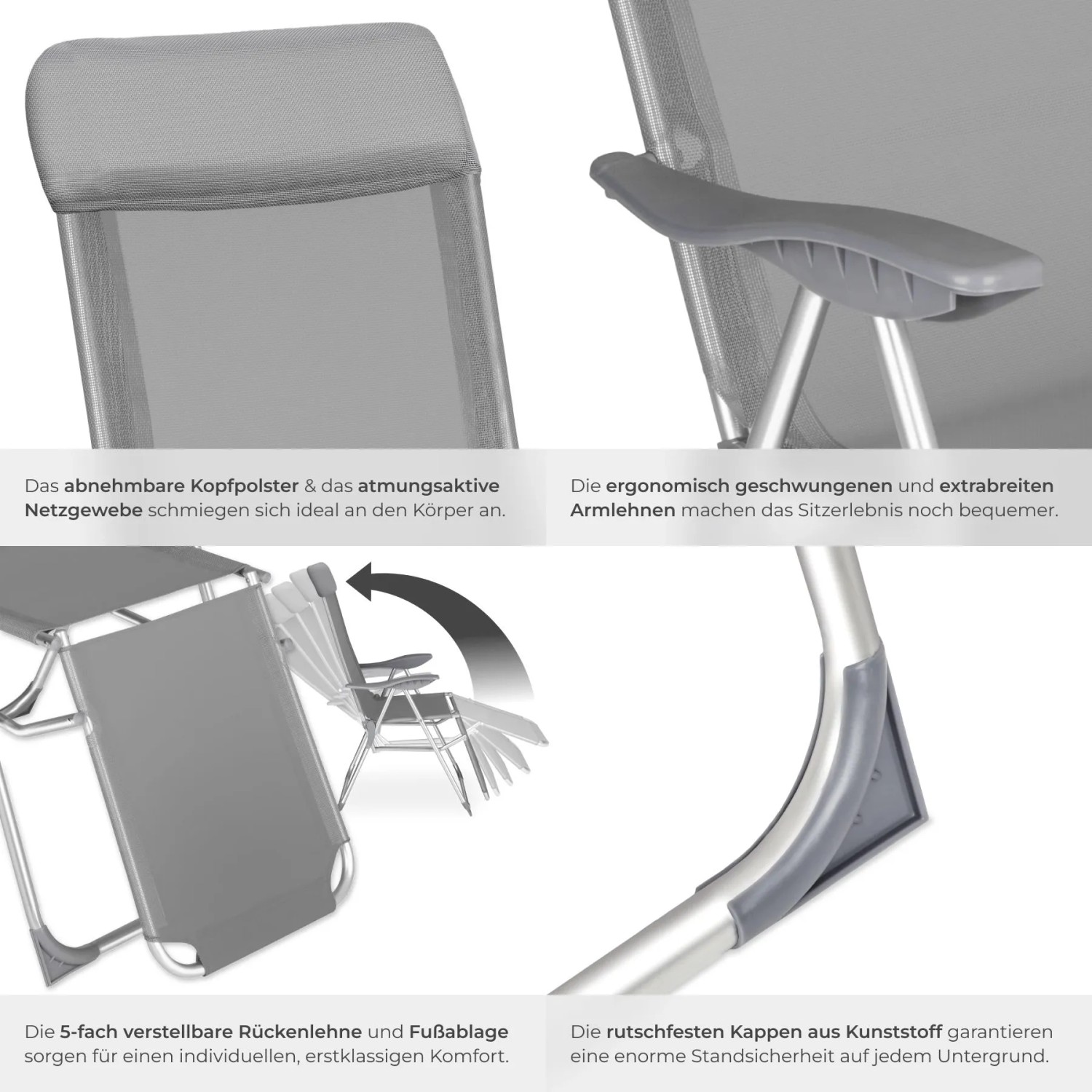 Tectake Aluminium Gartenstuhl, grau, klappbar. Verstellbare Rückenlehne, Kopfpolster, Armlehnen, rutschfeste Füße.