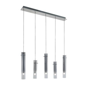 Moderne, dimmbare LED-Pendelleuchte Korvitha mit 5 Glas-Schirmen in Alu-Optik für Wohnzimmer.