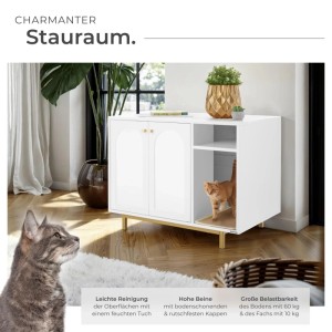 Weiß-goldener Tectake Katzenschrank Kalea mit seitlichem Eingang und zwei Flügeltüren. Katze im Eingang.