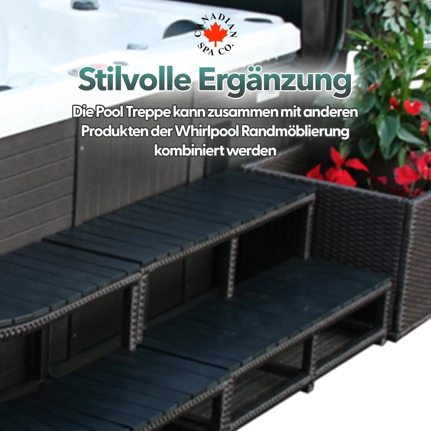Braune Rattantreppe für Whirlpool, 2-stufig, passend zur Randmöbel-Kollektion.