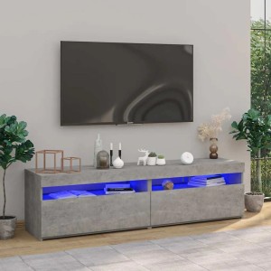 Zwei betongraue TV-Schränke/Lowboards mit blauer LED-Beleuchtung, modernem Design im Wohnzimmer.