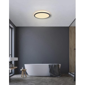 Schwarze Globo LED Deckenleuchte Sapana, Ø 42cm, im Badezimmer.