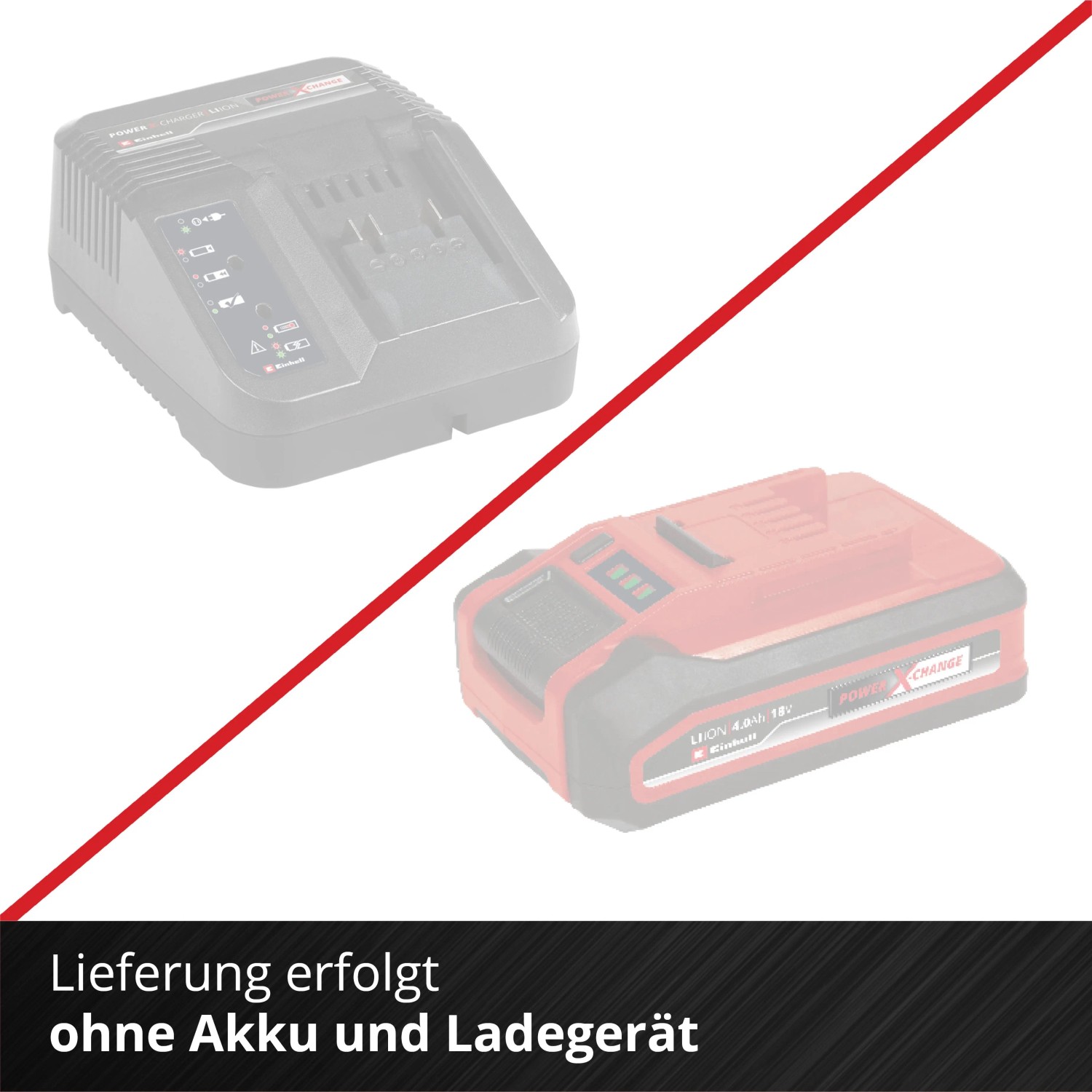 Einhell Akku-Schlagbohrmaschine: Lieferung ohne Akku und Ladegerät. Durchgestrichene Batterie und Ladestation.
