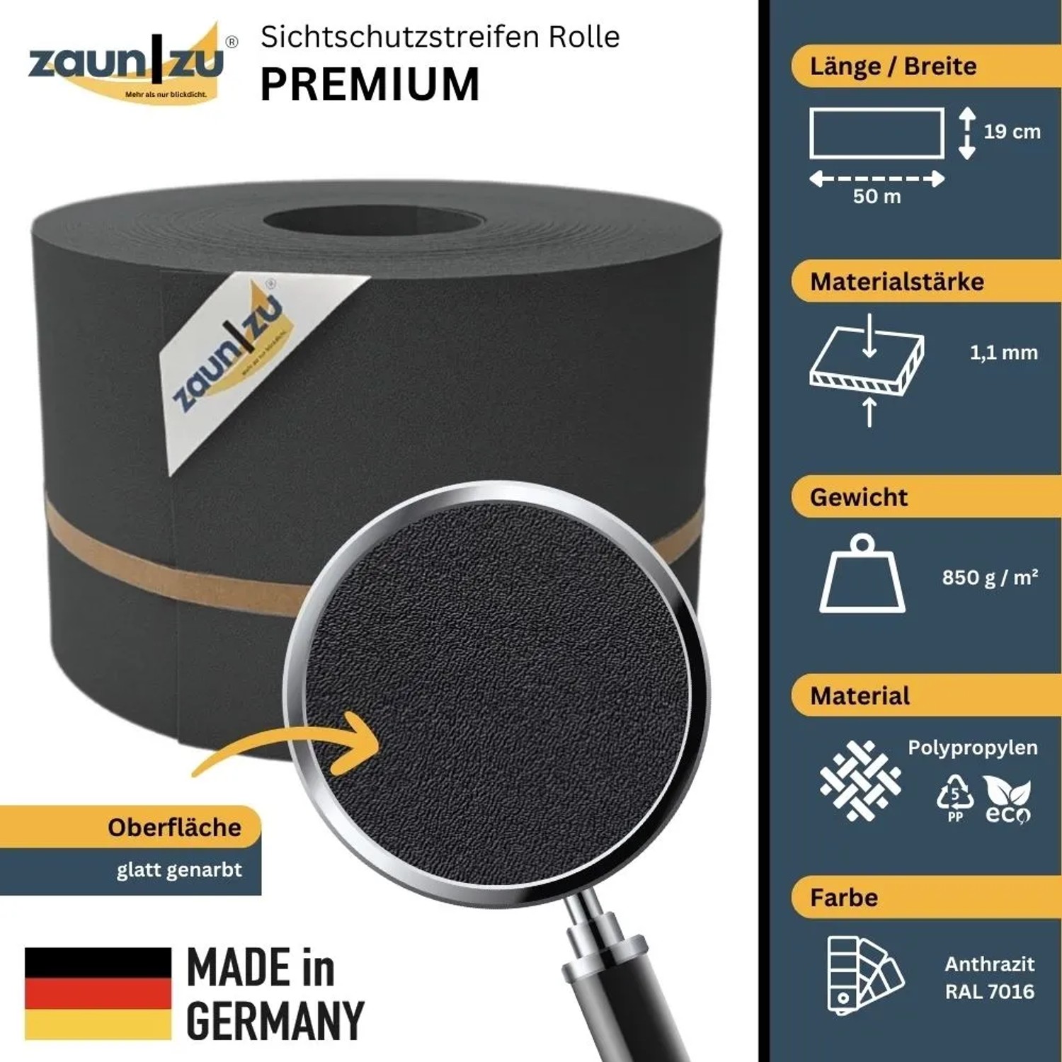 zaunzu Sichtschutz Premium, Anthrazit, 50m Rolle für Doppelstabmattenzaun.