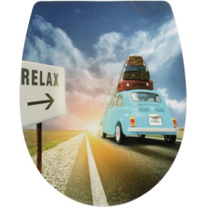Sanitop WC-Sitz Daytrip mit Absenkautomatik: Dekor mit blauem Auto und Reise-Motiv.