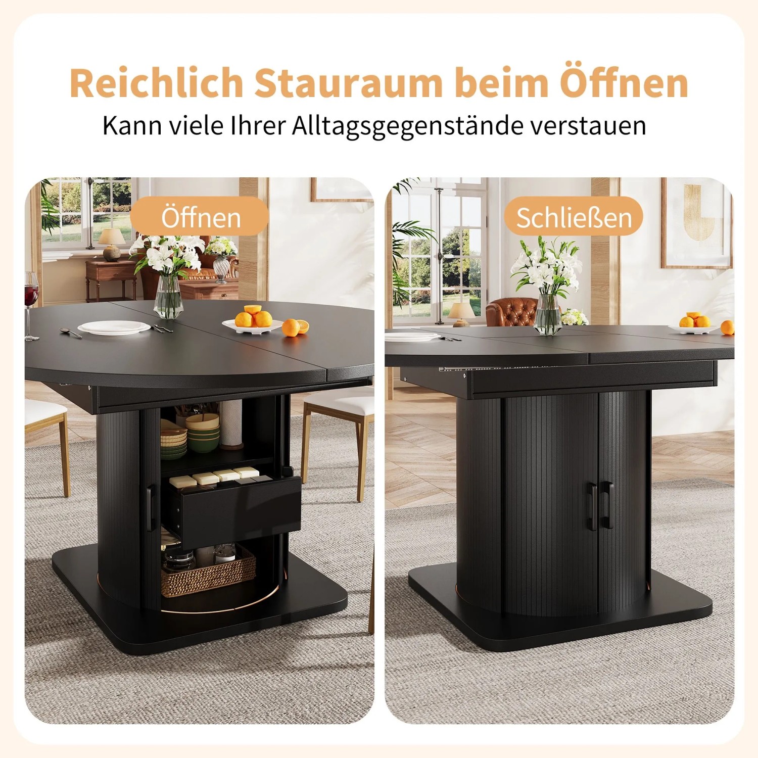 Schwarzer ausziehbarer Esstisch mit Stauraum, offen mit Regalen und Schublade, geschlossen mit Türen. Ideal für Essgruppen.