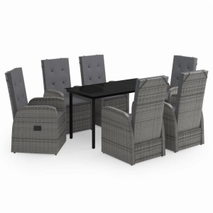 7-teilige Garten-Essgruppe Grau mit Rattanstühlen, Kissen und schwarzem Tisch mit Glasplatte.