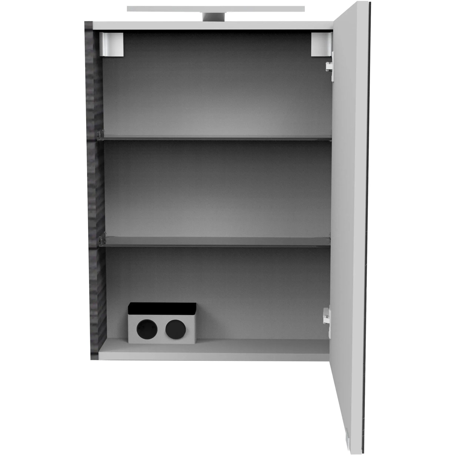 Offener Fackelmann Spiegelschrank SBC Dark Oak 50 cm mit zwei Einlegeböden.