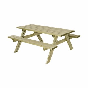 Helle, druckimprägnierte Holz-Sitzgruppe mit Tisch und zwei Bänken, klappbar, ideal für Garten & Terrasse.