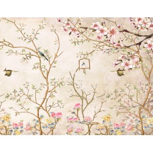 Sanders Fototapete Blumen/Vögel beige (3,5x2,7m): Wandbild mit Blüten, Ästen und Vögeln.