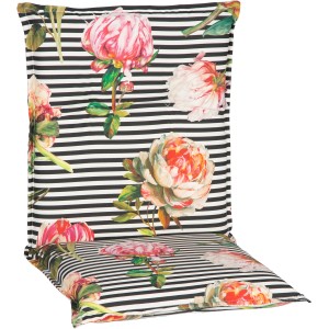 Beo Niedriglehner-Auflage Toronto Rose: Sitzkissen mit Rosenmuster auf schwarz-weißen Streifen.