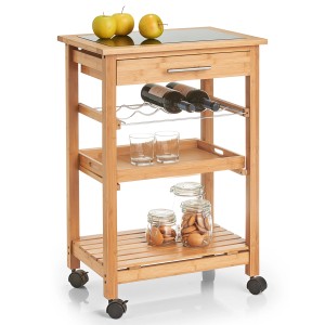 Küchenrollwagen aus Bambus mit Glasplatte, Schublade, Flaschenregal und Ablagen. Praktischer Servierwagen.
