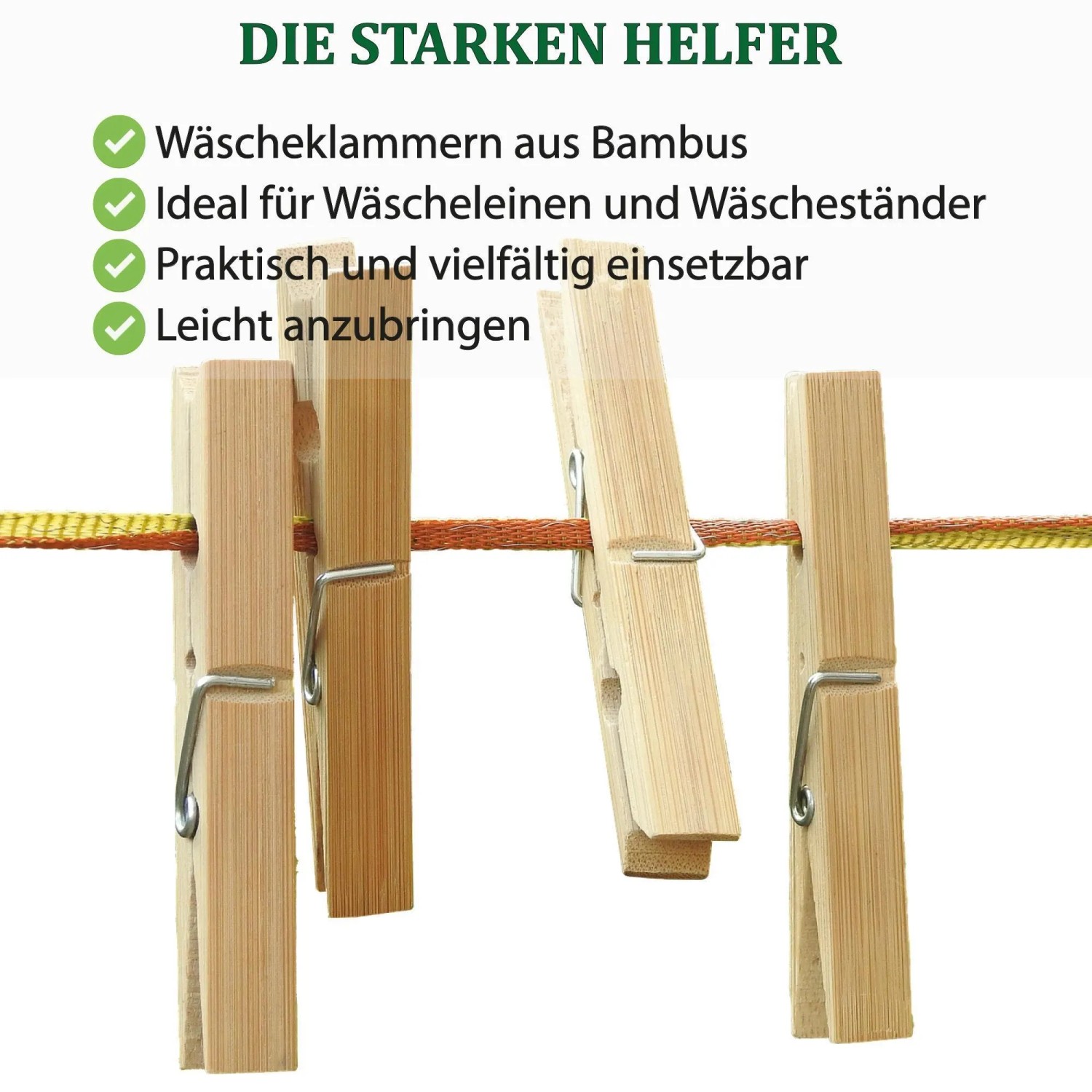Bestlivings Bambus Wäscheklammern, 48 Stück, an einer Wäscheleine befestigt.