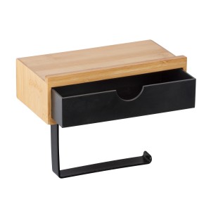 WENKO Toilettenpapierhalter Bambusa mit Ablage aus Bambus und schwarzer Schublade.