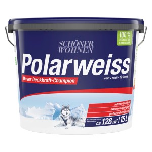 Eimer Schöner Wohnen Polarweiss Innenfarbe, 15L, matt, mit Husky und Eisbergen auf dem Etikett.
