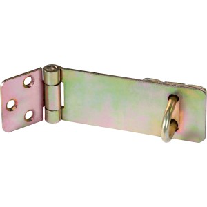 Gelb verzinkte Sicherheitsüberfalle, 85x35mm, für Tor und Tür, mit Öse für Vorhängeschloss.