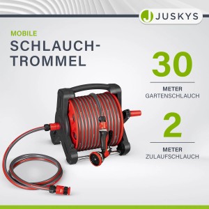 Juskys Schlauchtrommel mit 30m Schlauch und Brause, rot/schwarz.