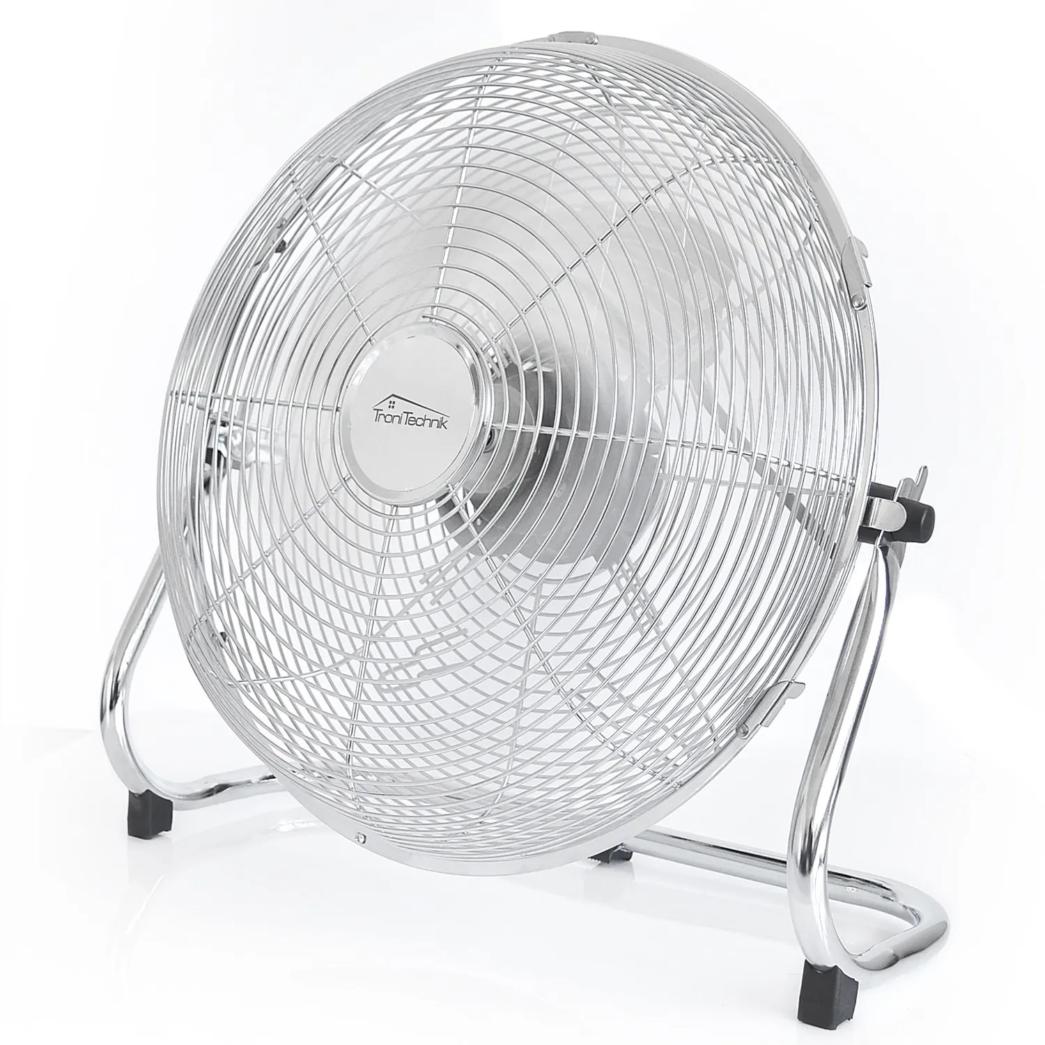 TroniTechnik Bodenventilator Windmaschine, 70W, ⌀35cm, drei Geschwindigkeitsstufen, silberfarben.