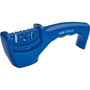 Blauer LUX Messerschärfer und Polierer mit drei Schärf-Stufen für Küchenmesser.