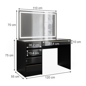 Vicco Schminktisch Sherry, schwarz/gold, 120 cm, mit LED-Spiegel und Maßangaben.