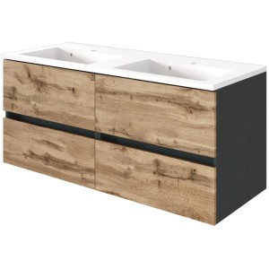 Held Möbel Doppelwaschtisch Bari 120 cm, Eiche Natur Matt, mit zwei weißen Waschbecken.