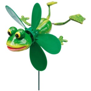 Grüner Deko-Gartenstecker Frosch mit Windrad (48 cm) als Gartendekoration.