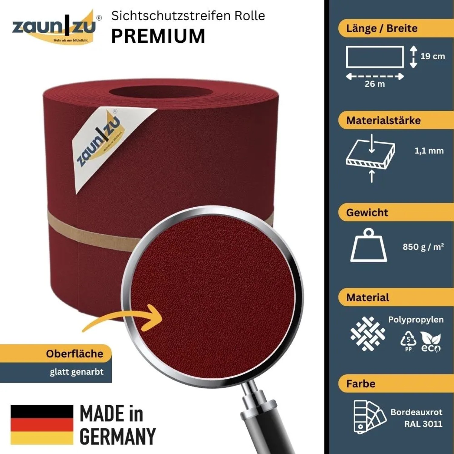 zaunzu Sichtschutz Premium Bordeauxrot, 26m Rolle für Doppelstabmattenzaun.