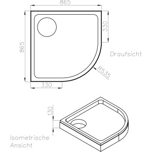 Technische Zeichnung Ottofond Wannenträger Denia 90 cm für Duschwanne, Maße und isometrische Ansicht.