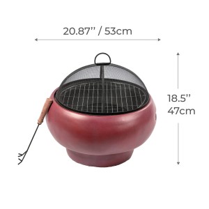Rote Teamson Home Feuerschale (53 cm) mit Funkenschutz, Grillrost und Schürhaken.