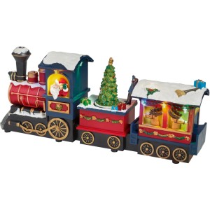 Beleuchteter Weihnachtszug als Weihnachtsdorf Figur. Mehrfarbige Kunststoff-Dekoration mit Weihnachtsmann, Baum und Schnee, 38 cm.