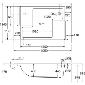Technische Zeichnung der Ottofond Maharaja Badewanne, 195 cm, mit Maßen.
