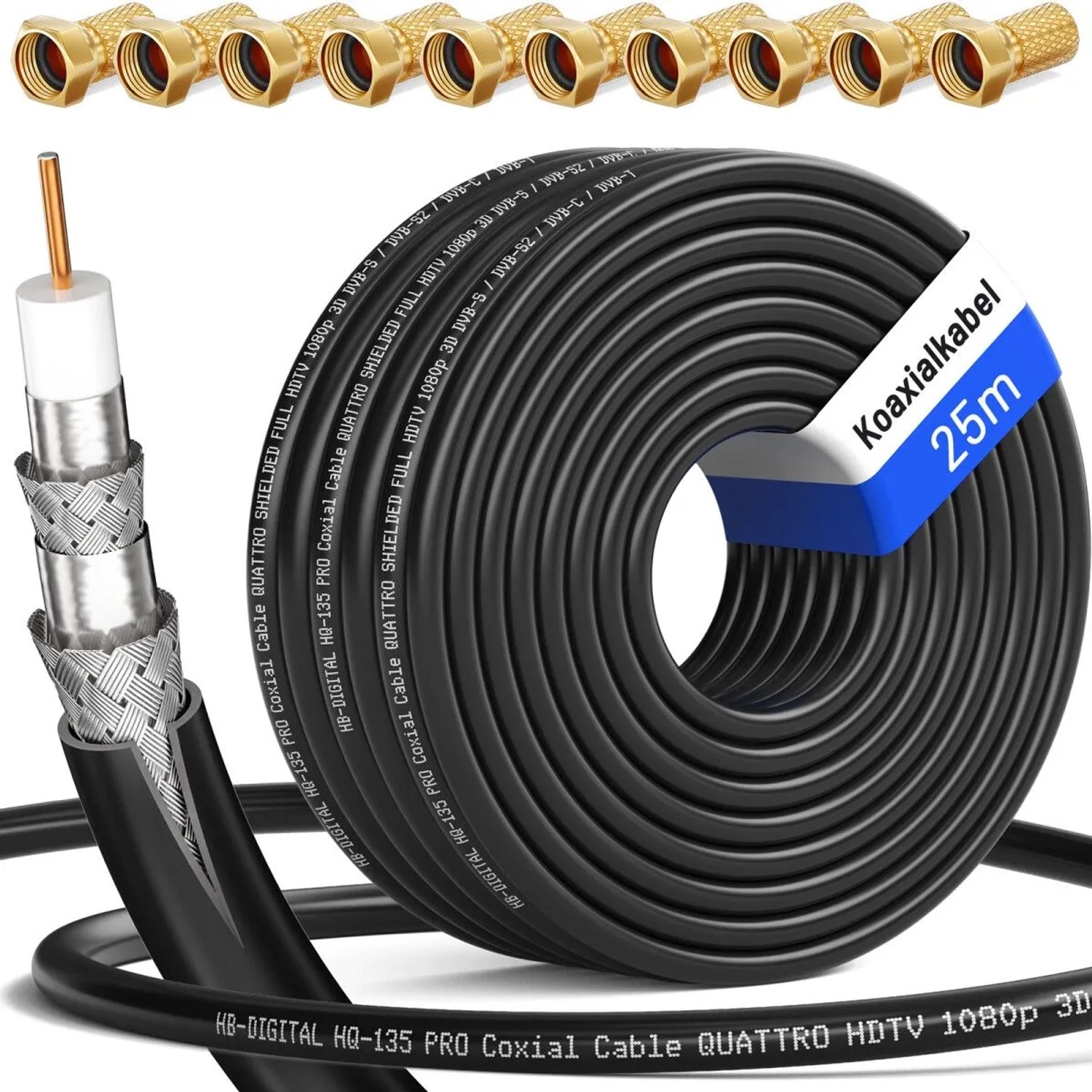 hb-digital Koaxialkabel 25m Schwarz HQ 135dB 4-Fach Stahl Kupfer + 10 F-Stecker