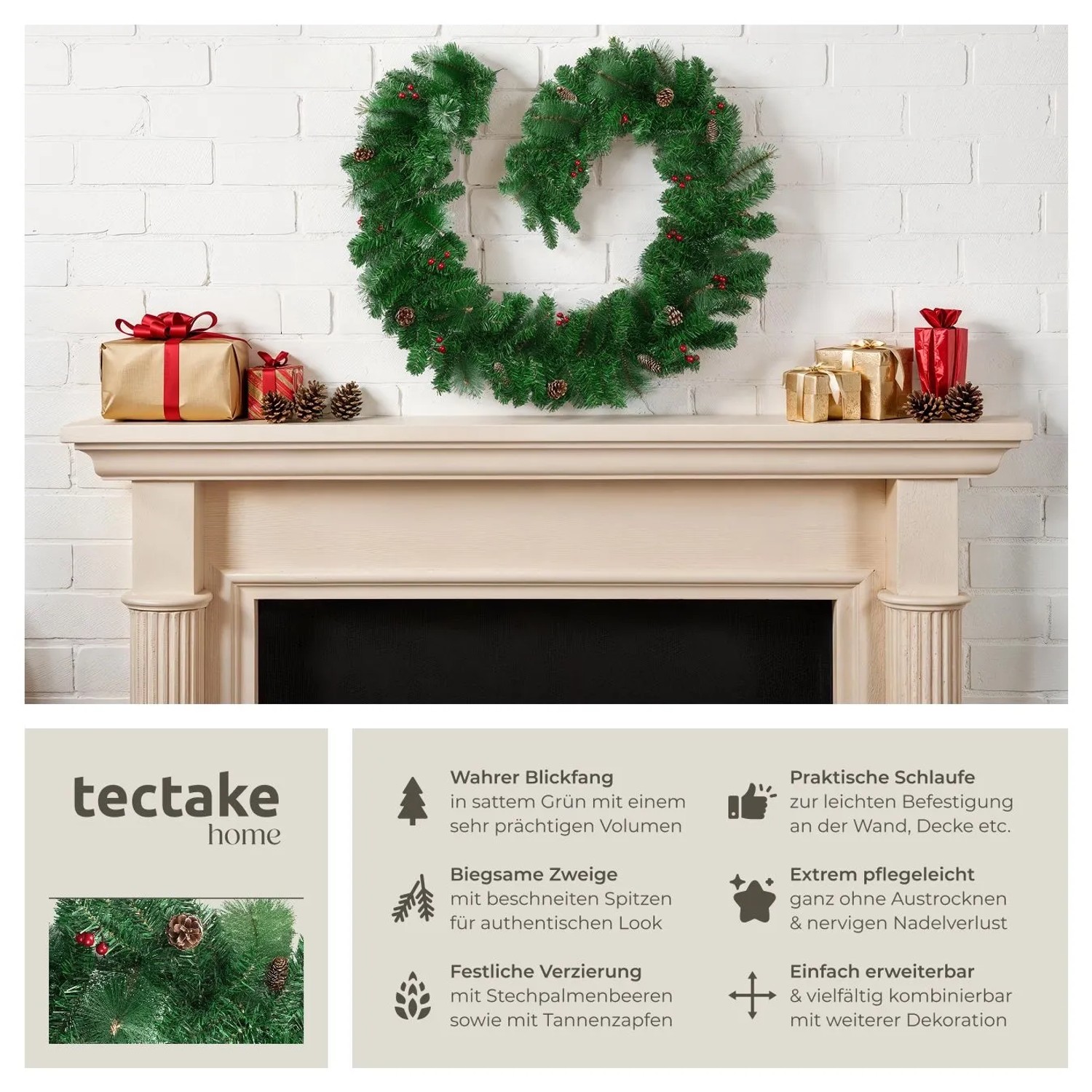 Tectake Weihnachtsgirlande mit Tannenzapfen und Beeren, rot und grün, als festliche Weihnachtsdekoration.