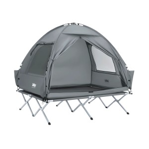 Graues 3in1 Campingzelt SoBuy für 2 Personen mit Feldbett und Moskitonetz. Ideal für Outdoor-Abenteuer.