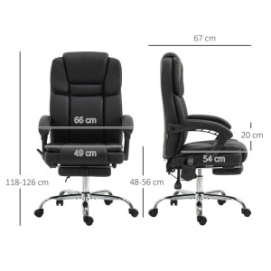 Schwarzer Vinsetto Bürostuhl aus Kunstleder mit Massagefunktion, Fußstütze und Maßen. Ergonomisch, verstellbar.