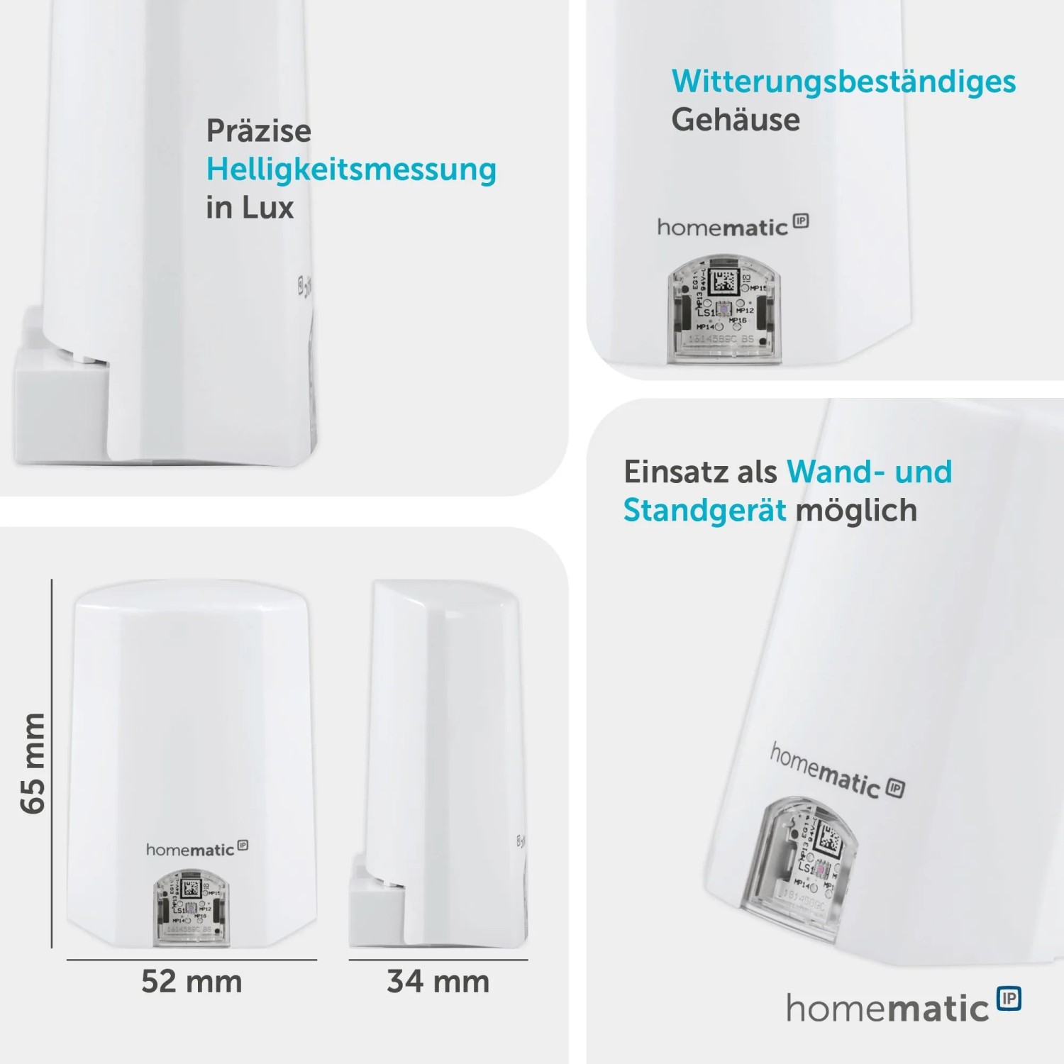 Weißer Homematic IP Lichtsensor außen, kompakt, wetterfest, für Wandmontage oder als Standgerät. Misst Helligkeit für Smart Home.
