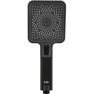 Eckige, mattschwarze baliv Handbrause mit Wassersparfunktion und drei Strahlarten.