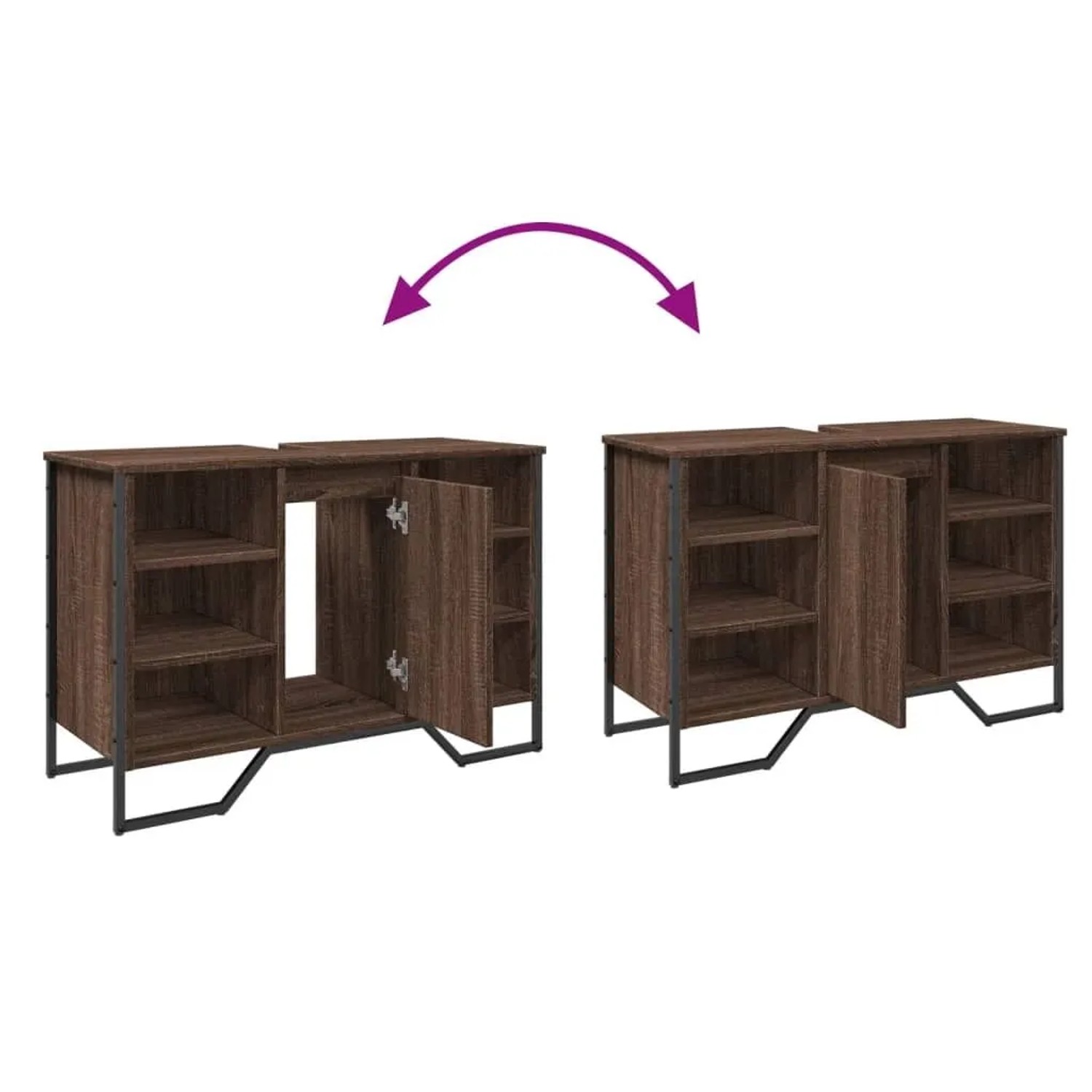 Modularer vidaXL Waschbeckenunterschrank Braun Eichen-Optik mit Aussparung. Zeigt offene Türen und Stauraum.