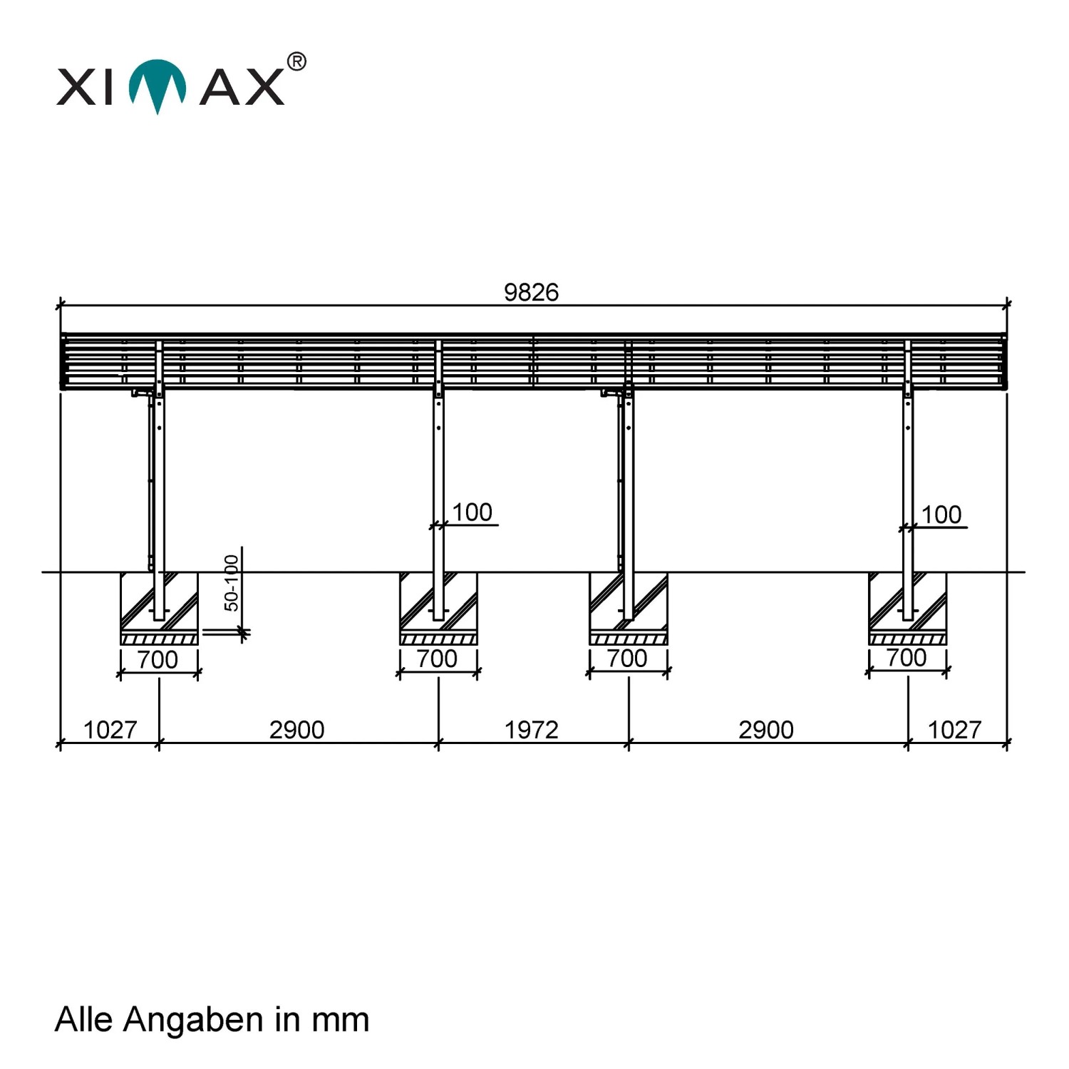 Technische Zeichnung: Ximax Carport Portoforte-60 Tandem, braun, Maße und Details.